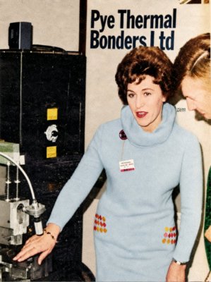 Marian Pound in August 1969 at Johannesburg exhibition of PYE Thermal Bonders Ltd RF heaters